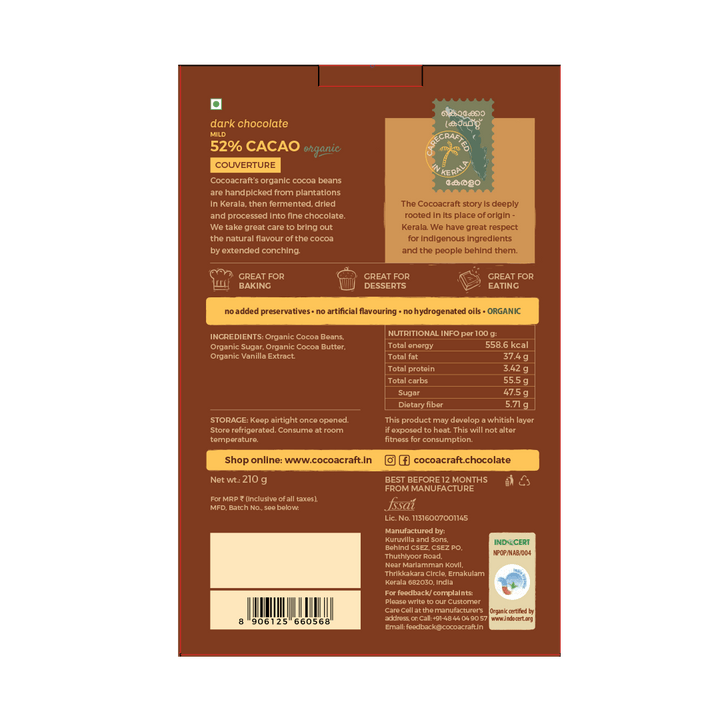 52% Cocoa Dark Chocolate Couverture | Organic - Cocoacraft