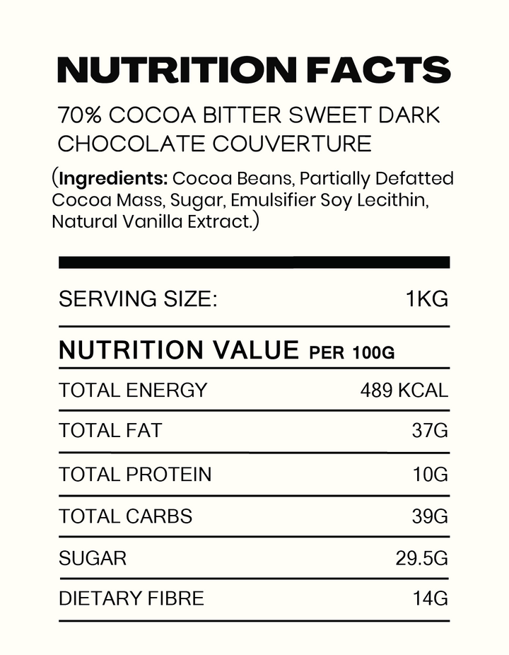 70% Cocoa Bitter sweet Dark Chocolate Couverture - Cocoacraft