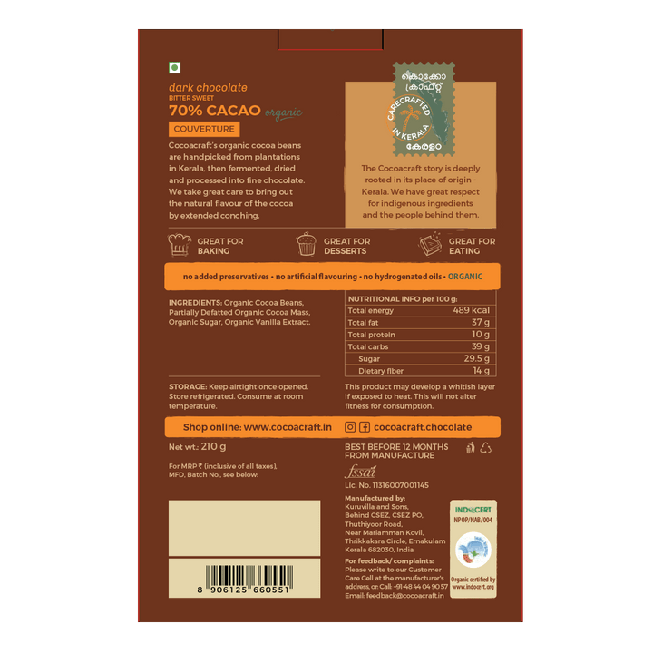 70% Cocoa Bitter sweet Dark Chocolate Couverture | Organic - Cocoacraft