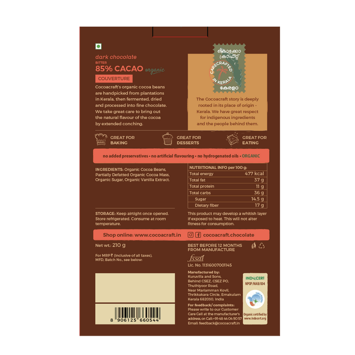 85% Cocoa Bitter Dark Chocolate Couverture | Organic - Cocoacraft