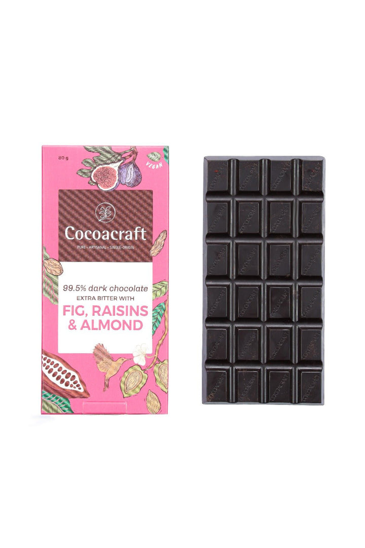 99.5% Extra bitter Dark Chocolate with Roasted Almonds, Figs and Raisins | 80g - Cocoacraft