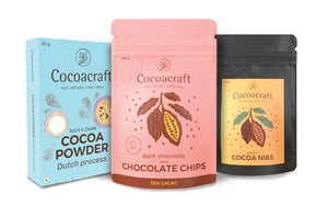 COCOA INGREDIENTS | COCOA POWDER 50G + DARK CHOCOLATE CHIPS 200G + ROASTED COCOA NIBS 130G